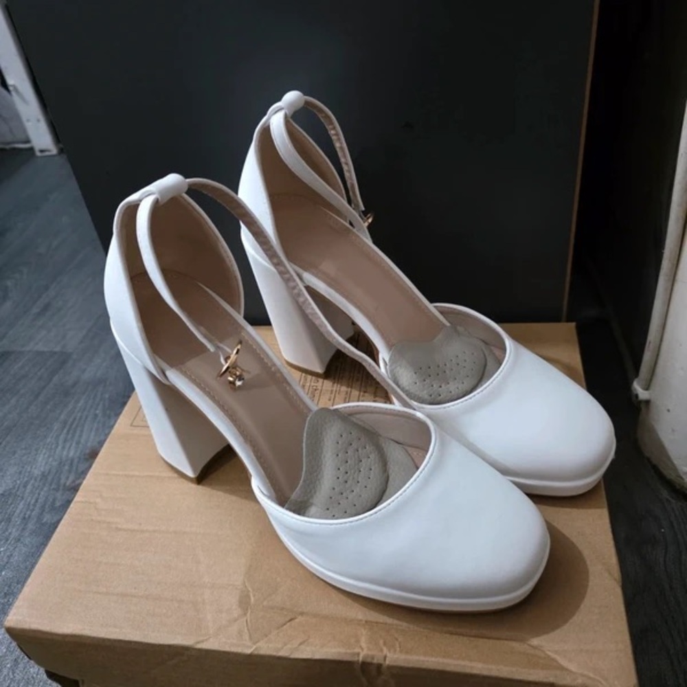 Classic White Block Heel Ankle Strap Pumps